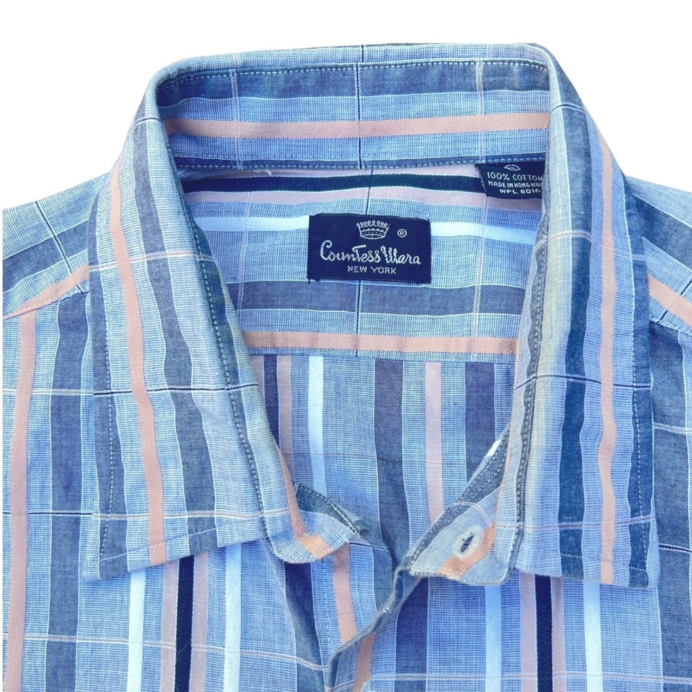 VTG Countess Mara NY Shirt XL Grey Taupe Stripe Plaid 100% Cotton Button Front